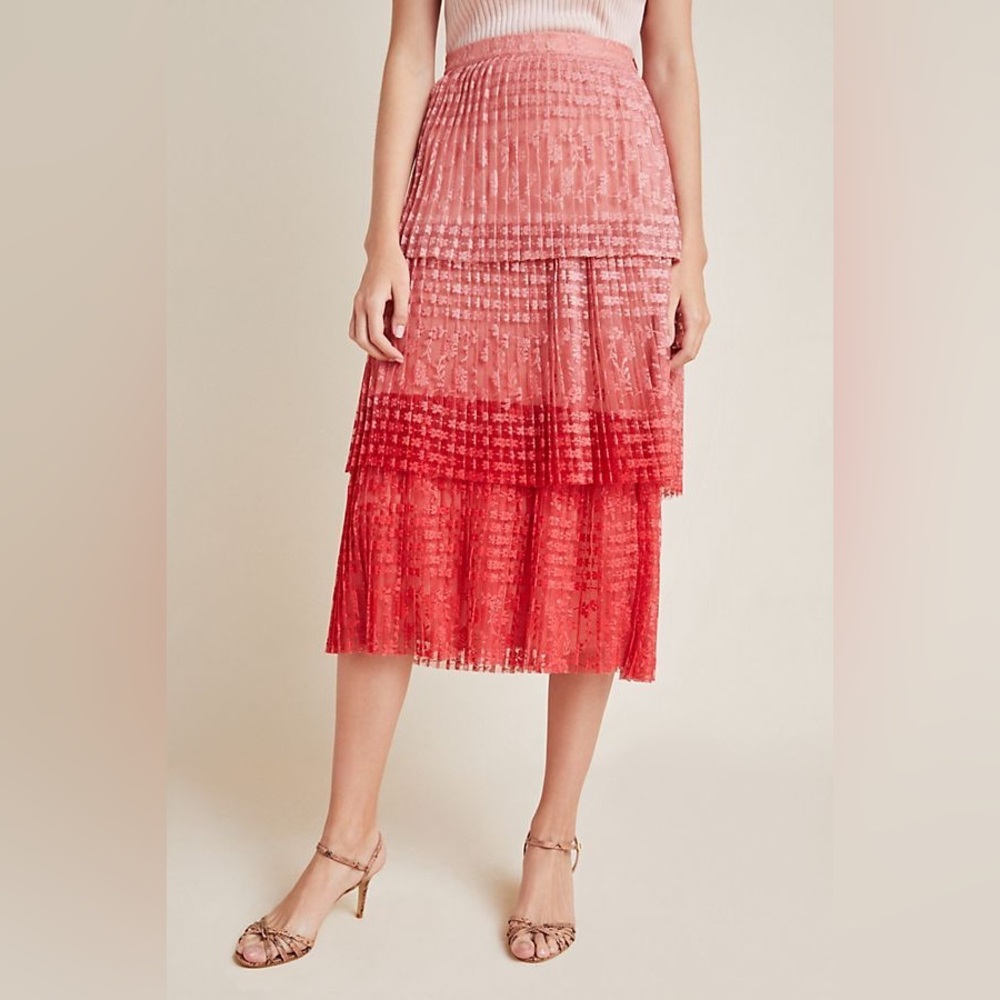 Maeve Pink Ombré Textured Tiered Midi Skirt